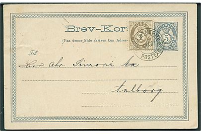 5 øre helsagsbrevkort opfrankeret med 1 øre Posthorn fra Laurvig annulleret med bureaustempel Vestbanernes Postexp. d. 6.9.1883 til Aalborg, Danmark.