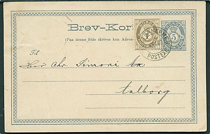 5 øre helsagsbrevkort opfrankeret med 1 øre Posthorn fra Laurvig annulleret med bureaustempel Vestbanernes Postexp. d. 6.9.1883 til Aalborg, Danmark.