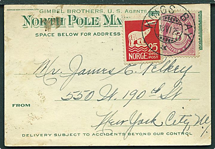 Amerikansk 2 cents Washington stemplet 22.3.1924, samt 5 øre Posthorn og 25 øre Svalbard stemplet Kings Bay d. 18.6.1925 på særlig North Pole Mail brevkort til New York, USA.