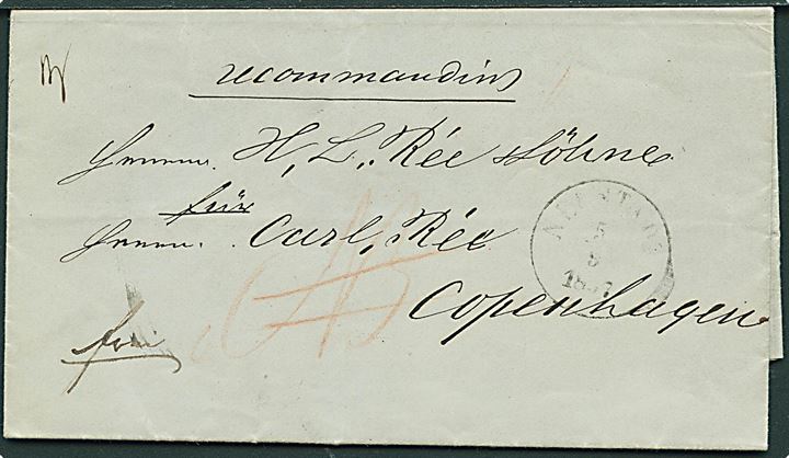 1857. Ufrankeret anbefalet francobrev med antiqua Neustadt d. 5.9.1857 til Kjøbenhavn. Påskrevet NB..