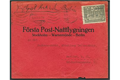50 öre UPU Kongres single på fortrykt luftpostkuvert fra Stockholm d. 13.8.1924 til Berlin, Tyskland. Har været opklæbet.