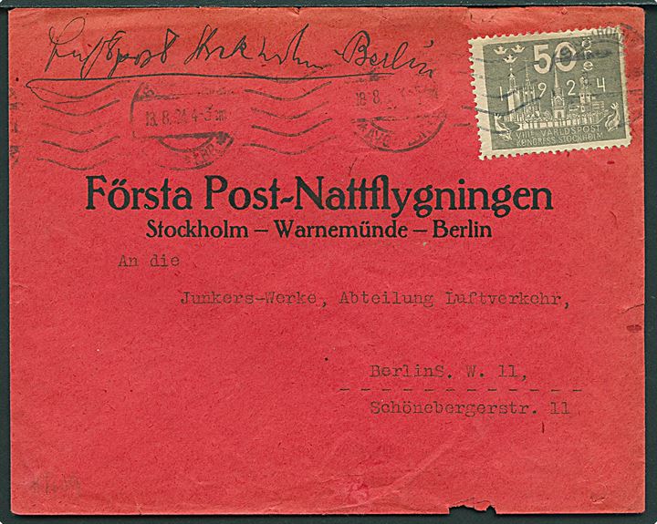 50 öre UPU Kongres single på fortrykt luftpostkuvert fra Stockholm d. 13.8.1924 til Berlin, Tyskland. Har været opklæbet.