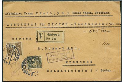 30 öre Løve og 1 kr. Gustaf på værdibrev fra Göteborg d. 15.1.1922 til München, Tyskland.