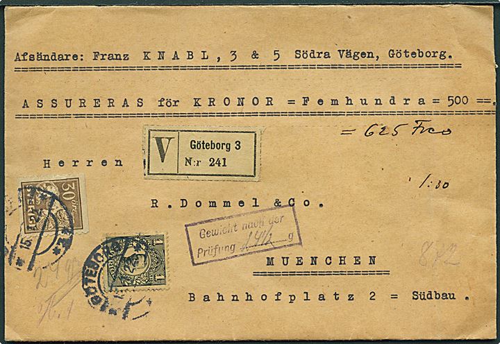 30 öre Løve og 1 kr. Gustaf på værdibrev fra Göteborg d. 15.1.1922 til München, Tyskland.
