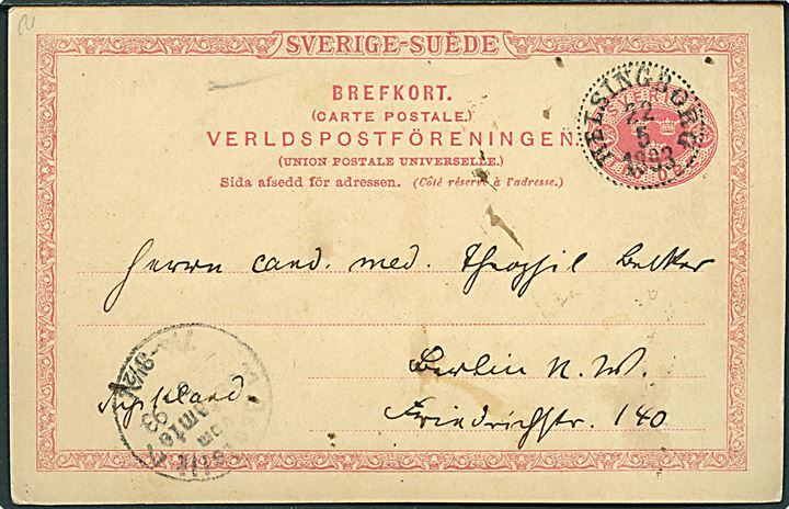 10 öre Tre Kroner illustreret helsagsbrevkort Hotell Mollberg, Helsingborg stemplet Helsingborg d. 22.5.1893 til Berlin, Tyskland.