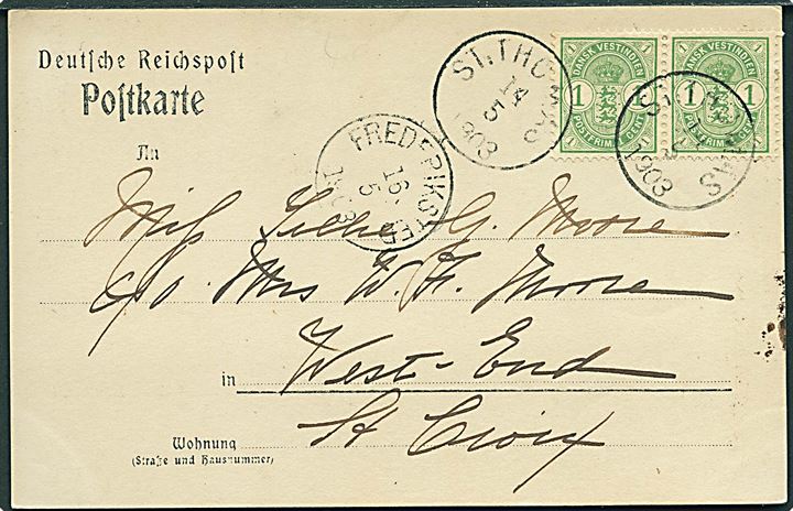 1 cent Våben i parstykke på brevkort fra St. Thomas d. 14.5.1903 via Frederiksted til West End på St. Croix.