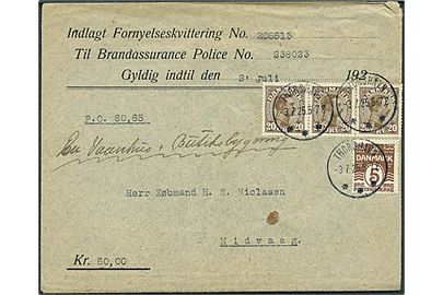 5 øre Bølgelinie og 20 øre Chr. X i 3-stribe på 65 øre frankeret brev med postopkrævning annulleret med brotype IIIb Thorshavn d. 3.7.1925 til Midvaag.
