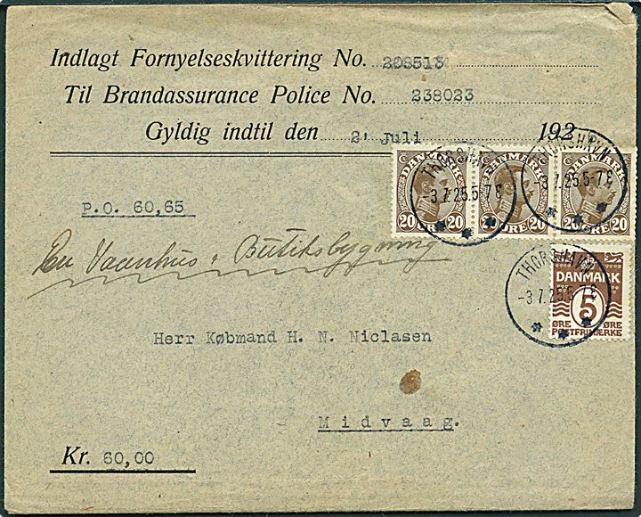 5 øre Bølgelinie og 20 øre Chr. X i 3-stribe på 65 øre frankeret brev med postopkrævning annulleret med brotype IIIb Thorshavn d. 3.7.1925 til Midvaag.