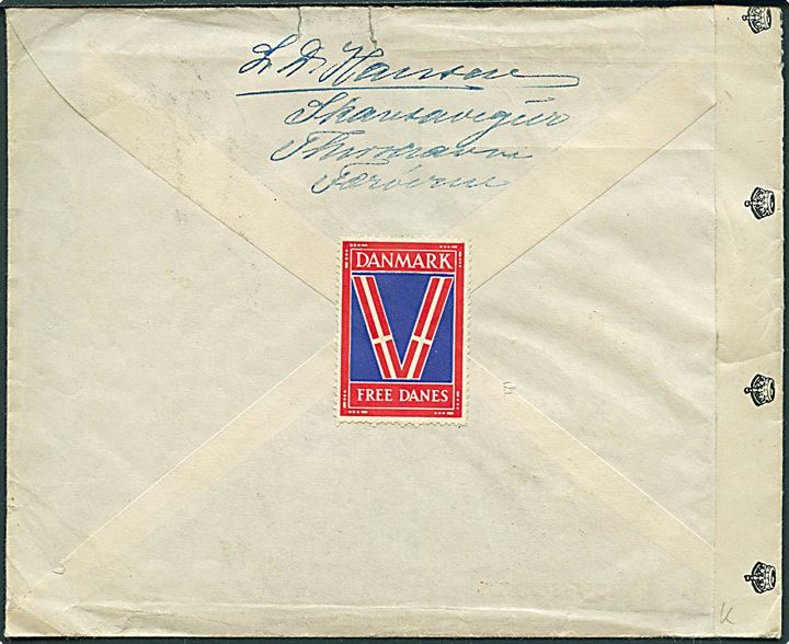 20 øre Landsbykirke i parstykke på brev fra Thorshavn d. 7.9.1944 til London, England. På bagsiden Frie Danske mærkat. Åbnet af britisk censur PC90/4461.