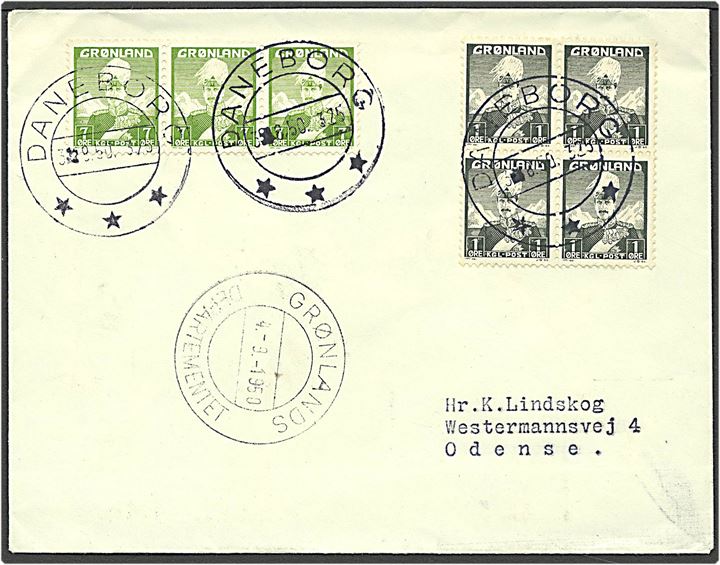 1 øre gråsort fireblok og 7 øre gulgrøn 3 stribe Chr. X på brev fra “Daneborg” d. 4.9.1950 til Odense. Godt stempel.