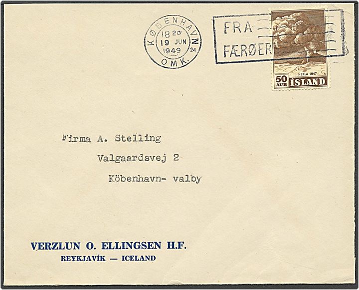 50 aur Hekla på brev fra Reykjavik, Island, fejlagtigt annulleret med TMS. skibsstempel “København Omk. 24 / Fra Færøerne” (DAKA DK28) d. 19.6.1949 til Valby, Danmark. 
