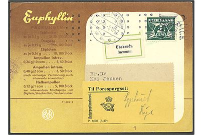 2½ cent Våben på tryksagskort fra Amsterdam, Holland d. 3.11.1942 til Charlottenlund. Ubekendt på adressen med vignet Ubekendt. Uden censur.