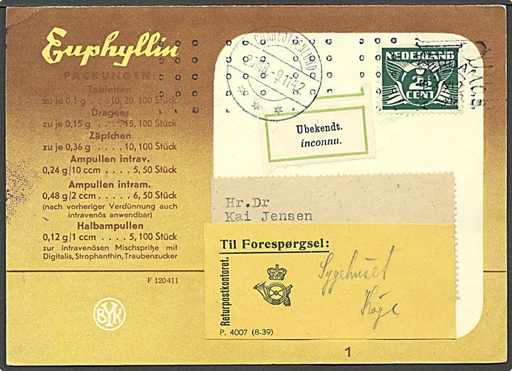 2½ cent Våben på tryksagskort fra Amsterdam, Holland d. 3.11.1942 til Charlottenlund. Ubekendt på adressen med vignet Ubekendt. Uden censur.
