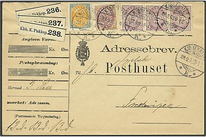 50 øre og 100 øre Tofarvet, samt 15 øre Våbentype i 3-stribe på 1,95 kr. frankeret adressebrev for 3 pakker fra Kjøbenhavn d. 28.9.1903 til Fredericia.