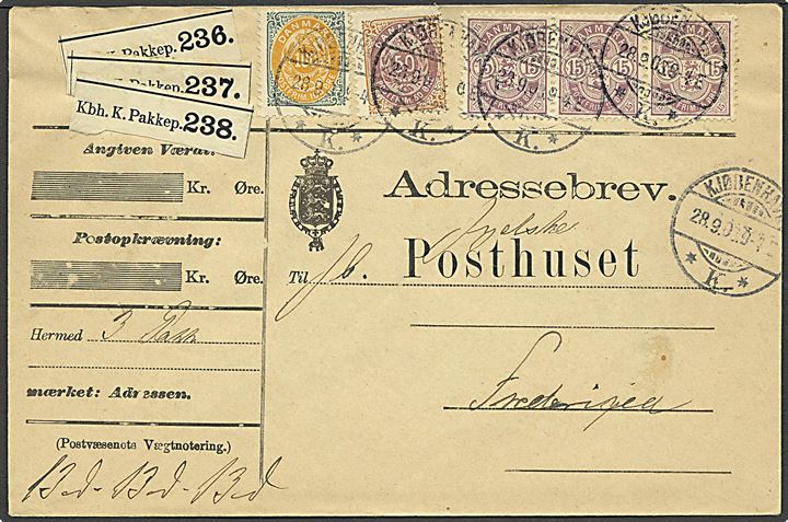 50 øre og 100 øre Tofarvet, samt 15 øre Våbentype i 3-stribe på 1,95 kr. frankeret adressebrev for 3 pakker fra Kjøbenhavn d. 28.9.1903 til Fredericia.