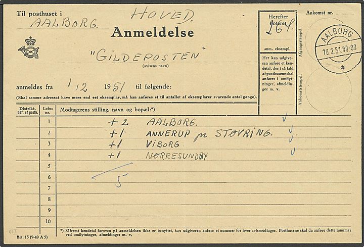 Anmeldelse, formular Bet. 13 (9-49 A 5), for avisen “Gildeposten” stemplet brotype IIc Aalborg * d. 10.2. 1951. Sjældent stempel.