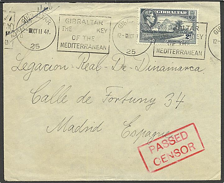 Gibraltar 2d på brev d. 11.10.1941 fra dansk sømand på S/S “San Zeferino” (britisk) til danske Legation i Madrid. Både Gibraltar og Spansk censur. Antagelig fra 1 af ca. 60 danske søfolk, som rømmede fra internering i Port Lyautey, Marokko og fik hyre på britiske skibe. 