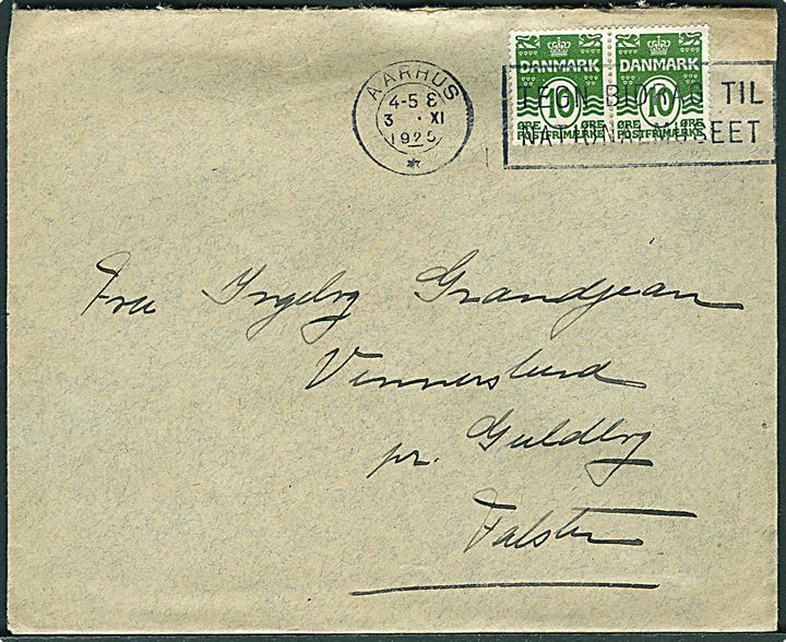 10 øre Bølgelinie i parstykke på brev annulleret med TMS Aarhus*/Tegn Bidrag til Nationalmuseet d. 3.11.1925 til Guldborg.