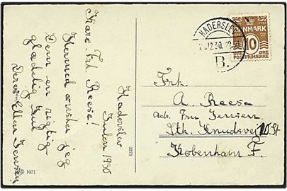 10 øre brun bølgelinie på postkort fra Haderslev d. 20.12.1920 til København. Haderslev / B Vd brotypestempel, sjældent stempel.