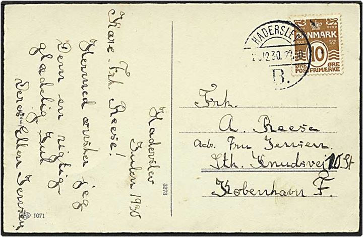 10 øre brun bølgelinie på postkort fra Haderslev d. 20.12.1920 til København. Haderslev / B Vd brotypestempel, sjældent stempel.