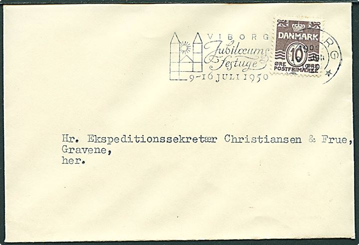 10 øre Bølgelinie på lokalbrev annulleret med TMS Viborg Jubilæums festuge 9-16 Juli 1950 / Viborg *** d. 9.6.1950.