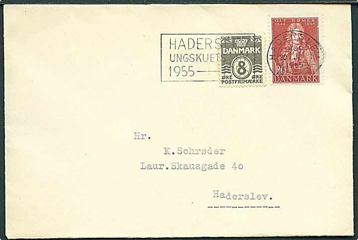8 øre Bølgelinie og 20 øre Ole Rømer på lokalbrev annulleret med TMS Haderslev Ungskuets By 1955 - 1956 / Haderslev *** d. 20.6.1955.