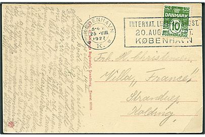 10 øre Bølgelinie på brevkort annulleret med TMS København *K.* / Internat. Luftfartsudst. 20. Aug. - 2. Sept. København d. 25.8.1927 til Kolding.