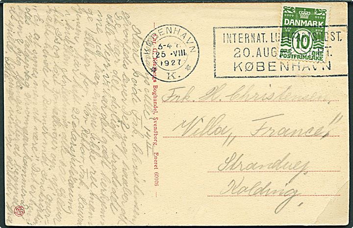 10 øre Bølgelinie på brevkort annulleret med TMS København *K.* / Internat. Luftfartsudst. 20. Aug. - 2. Sept. København d. 25.8.1927 til Kolding.
