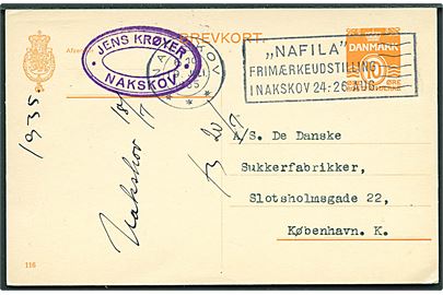 10 øre helsagsbrevkort (fabr. 116) annulleret med TMS Nakskov ***  / NAFILA Frimærkeudstilling i Nakskov 24. - 26. Aug. d. 19.7.1935 til København.