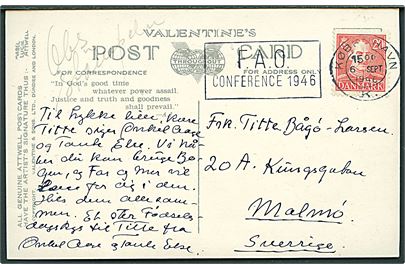 20 øre Chr. X på brevkort annulleret med TMS F.A.O. Conference 1946 / København K. d., 6.9.1946 til Malmö, Sverige.