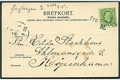 5 öre Oscar på brevkort annulleret med skibsstempel Fra Sverige M. og sidestemplet N.OMB.1 d. 11.4.1903 til København, Danmark.