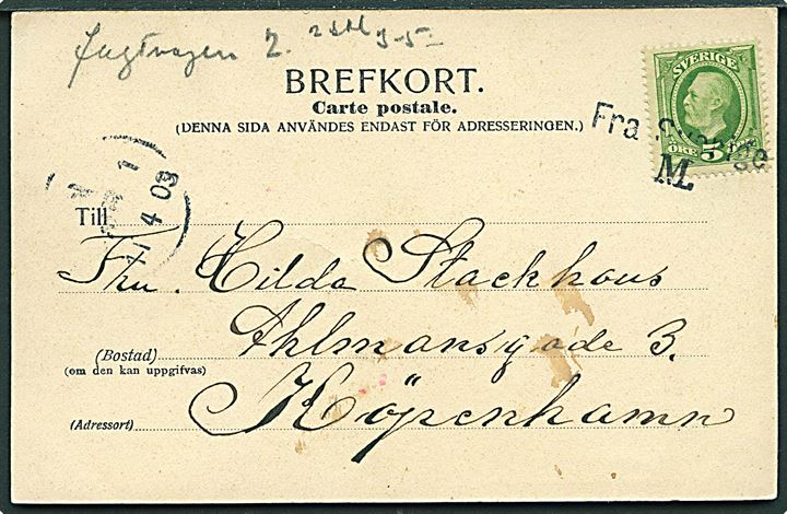 5 öre Oscar på brevkort annulleret med skibsstempel Fra Sverige M. og sidestemplet N.OMB.1 d. 11.4.1903 til København, Danmark.