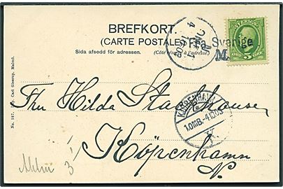 5 öre Oscar på brevkort annulleret med skibsstempel Fra Sverige M. og sidestemplet N.OMB.1 d. 4.10.1903 til København, Danmark.