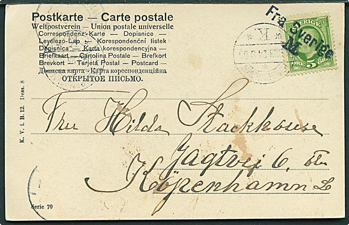 5 öre Oscar på brevkort annulleret med skibsstempel Fra Sverige M. og sidestemplet Kjøbenhavn d. 24.8.1906 til København, Danmark.