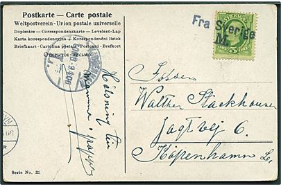 5 öre Oscar på brevkort annulleret med skibsstempel Fra Sverige M. og sidestemplet Kjøbenhavn d. 9.4.1906 til København, Danmark.