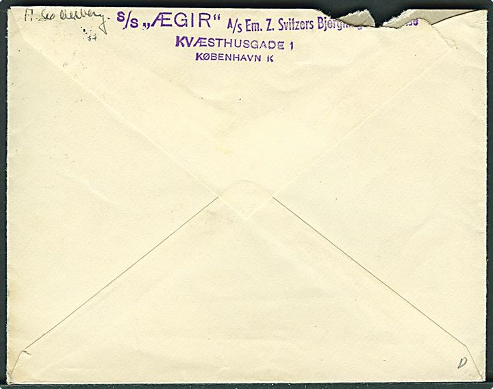 20 øre Chr. X på brev stemplet Korsør d. 27.5.1947 til København. På bagsiden stemplet: S/S Ægir A/S Em.Switzers Bjergnings... Revet i toppen.
