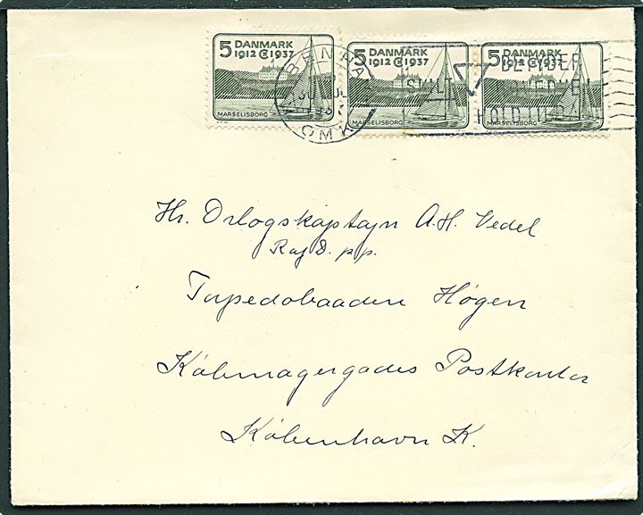 5 øre Regentjubilæum (3) på brev fra København d. 30.7.1937 til Orlogskaptajn Vedel chef for torpedobåden Høgen via Købmagergades Postkontor, Kbh. K.