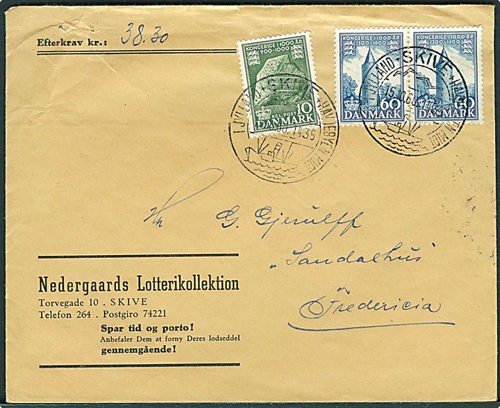 10 øre og 60 øre (par) 1000 års udg. på brev med opkrævning annulleret med turiststempel i Skive d. 15.10.1960 til Fredericia.