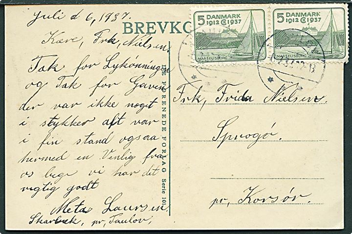 5 øre Regentjubilæum i parstykke på brevkort fra Taulov d. 6.7.1937 til Kvindehjemmet på Sprogø pr. Korsør.