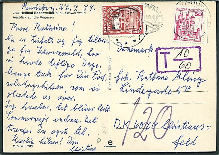 Tysk 50 pfg. på underfrankeret brevkort fra Rendsburg d. 27.7.1979 til Christiansfeld, Danmark. Udtakseret i porto med 1,20 kr. Telefon brugt som portomærke og stemplet Christiansfeld d. 1.8.1979.