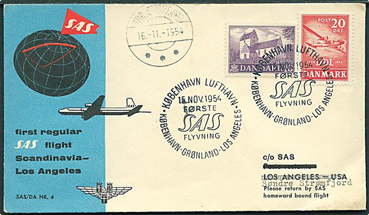 10 øre Landsbykirke og 20 øre DDL på SAS 1.-flyvningskuvert fra København Lufthavn d. 15.11.1954 til Sdr. Strømfjord på Grønland.