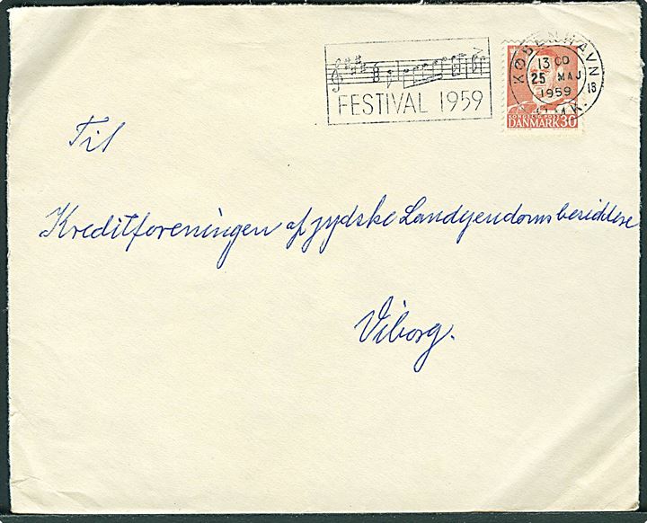 30 øre Fr. IX på brev annulleret med TMS Festival 1959 / København OMK. 18 d. 23.5.1959 til Viborg.