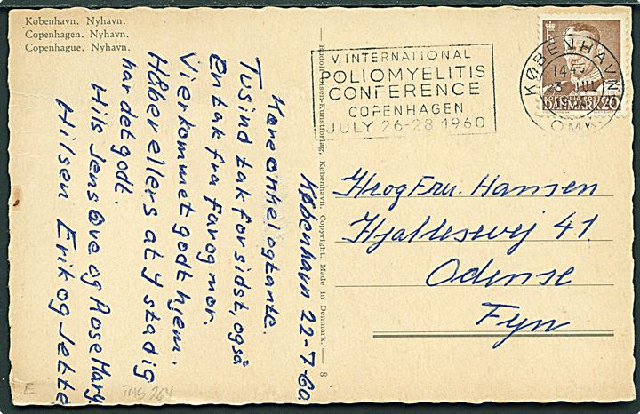 20 øre Fr. IX på brevkort annulleret med TMS V. International Poliomyelitis Conference Copenhagen July 26-28 1960 / København OMK. 23 d. 23.7.1960 til Odense.