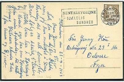 25 øre Fr. IX på brevkort annulleret med TMS Mentalhygiejne - sjælelig sundhed / København OMK. 1 d. 23.4.1963 til Odense.