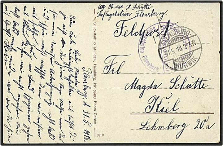Søflyve-Station Flensburg. Tysk feltpostkort (Motiv fra Gravenstein) stemplet Flensburg-Mürwik d. 1.5.1918 til Kiel. Briefstempel: Kaiserliche Marine / Seeflugstation Flensburg. 