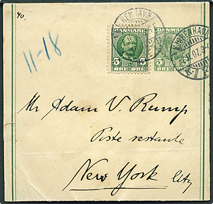 5 øre Chr. IX helsags korsbånd opfrankeret med 5 øre Fr. VIII sendt som 2. vægtkl. tryksag fra Kjøbenhavn d. 2.11.1907 til poste restante i New York, USA.