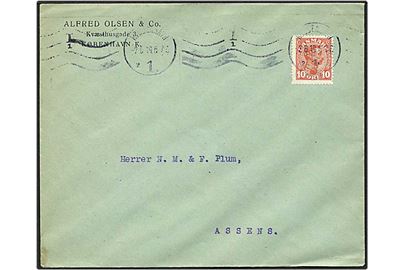 10 øre Rød Chr. X på brev fra København d. 2.6.1919 til Assens. Mærket med perfin A46 - Alfred Olsen.