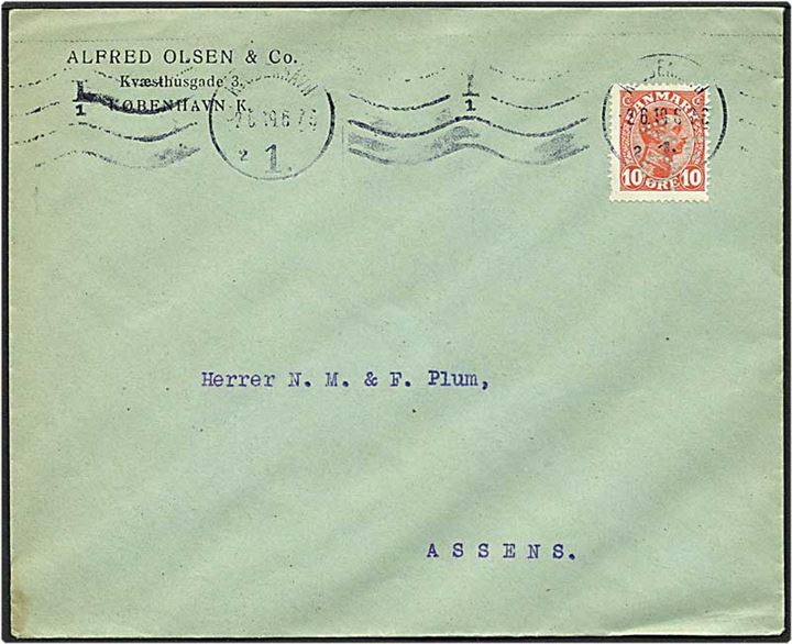 10 øre Rød Chr. X på brev fra København d. 2.6.1919 til Assens. Mærket med perfin A46 - Alfred Olsen.