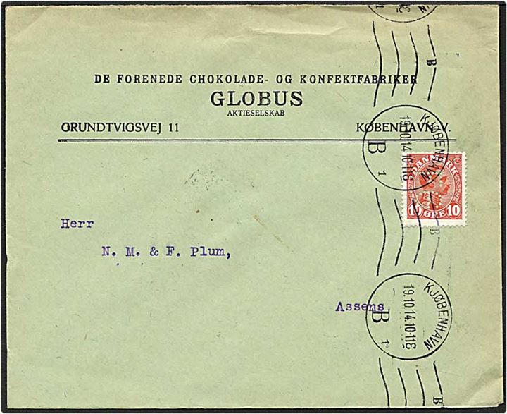 10 øre rød Chr. X på brev fra København d. 19.10.1914 til Assens. Mærket med perfin F20 - Globus.