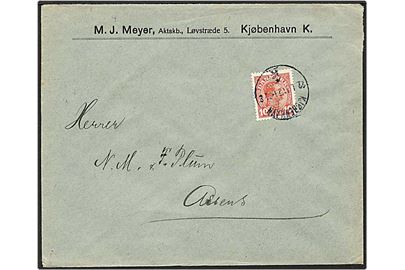 10 øre rød Chr. X på brev fra København d. 22.1.1921 til Assens. Mærket med perfin M20 - M.J. Meyer.